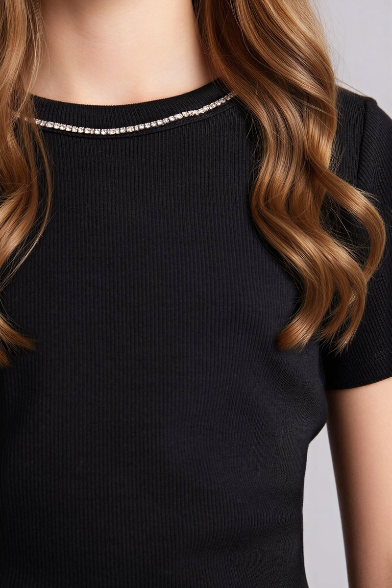 ديفاكتو تيشيرت بناتي نص كم مضلع بياقة مستديرة - Image 4